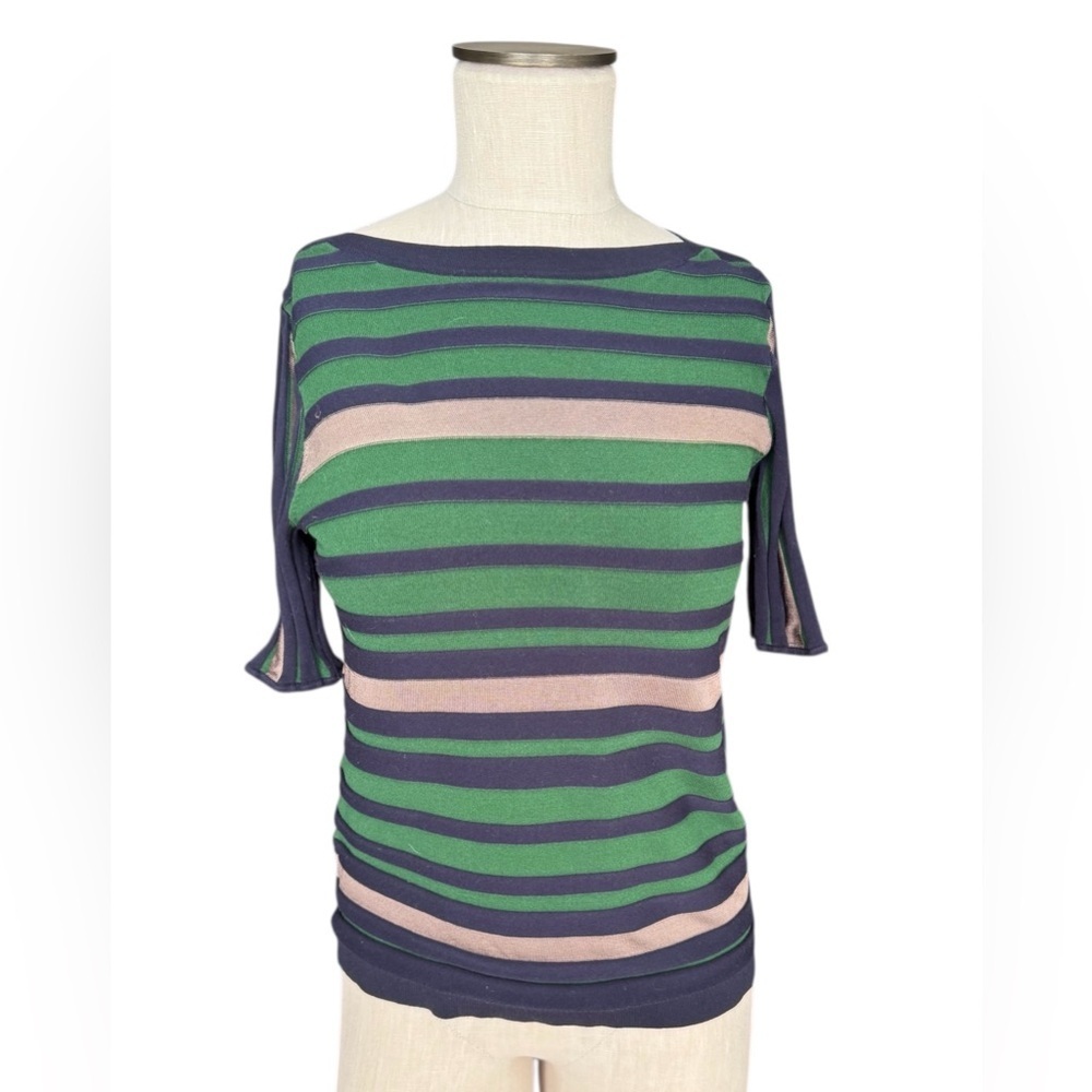 Ann Taylor Striped Boatneck Stretchy Short Sleeve Viscose Blend Sweater Sz S
